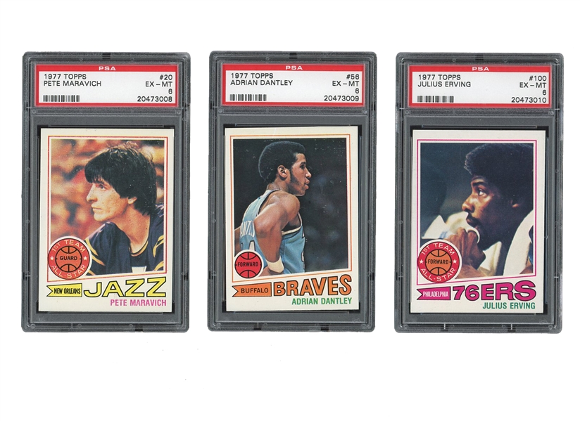 SHARP 1977 TOPPS BASKETBALL COMPLETE SET (132) CARDS WITH (3) GRADED PSA EX-MT 6 #20 MARAVICH, #56 DANTLEY (RC), #100 ERVING - REST OF SET APPEARS EX TO NEAR MINT - OTHER GRADING POSSIBILITIES! 