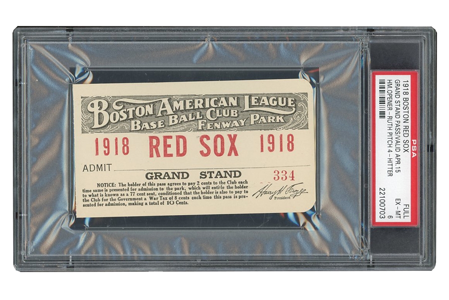 APRIL 15, 1918 BOSTON RED SOX HOME OPENER - BABE RUTH PITCHES 4 HITTER - FULL GRANDSTAND PASS - FENWAY PARK - PSA EX-MT 6