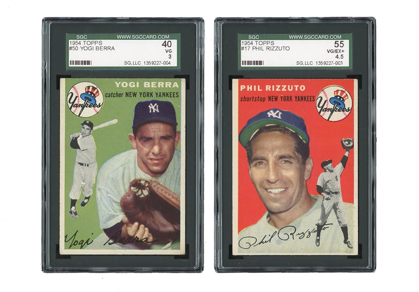PAIR OF COLORFUL 1954 TOPPS NY YANKEES LEGENDS WITH #17 PHIL RIZZUTO - SGC 55 VG/EX+ 4.5  & #50 YOGI BERRA SGC 40 VG 3