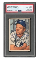 BEAUTIFULLY SIGNED 1952 BOWMAN #101 MICKEY MANTLE - PSA VG-EX 4, AUTO 9 - POP OF 1! ONLY ONE GRADED HIGHER!