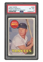 SHARP 1969 TOPPS # 500 MICKEY MANTLE - LAST NAME IN YELLOW - MANTLE FINAL TOPPS CARD - PSA EX-MT 6