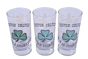 LIKE NEW FUN SET OF (12) BOSTON CELTICS WORLD CHAMPIONS WATER GLASSES - INSCRIBED WITH FACSIMILE AUTOGRAPHS FROM 1966-67 ROSTER - GIFTED BY RED AUERBACH TO A FRIEND