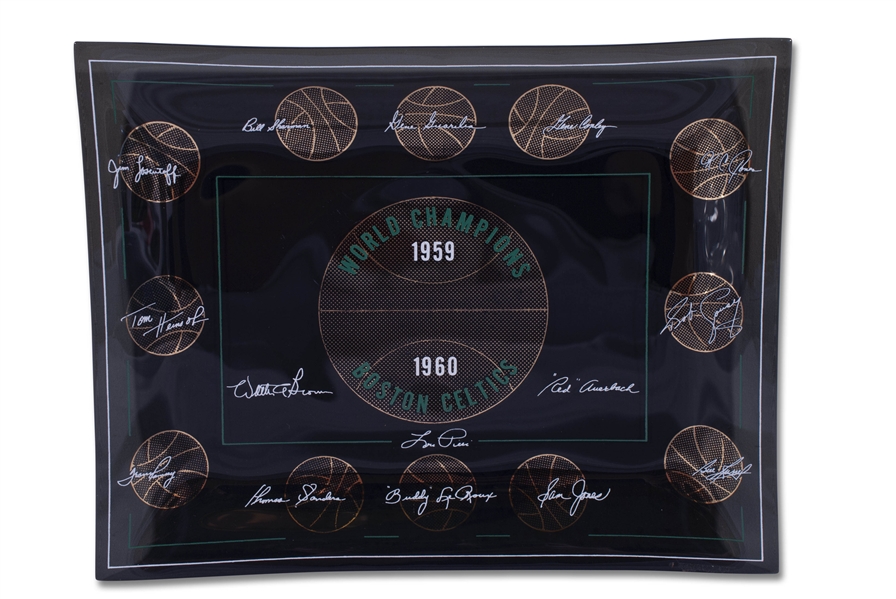 PRISTINE SET OF (7) BOSTON CELTICS WORLD CHAMPIONS 7" X 9" CANDY DISHES - (2) FROM 59-60 & (1) EACH FOR 62-63, 63-64, 64-65, 67-68 & 68-69 SEASONS - FACSIMILE SIGNATURES 