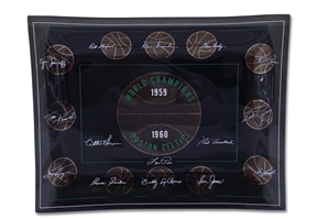 PRISTINE SET OF (7) BOSTON CELTICS WORLD CHAMPIONS 7" X 9" CANDY DISHES - (2) FROM 59-60 & (1) EACH FOR , 62-63, 63-64, 64-65, 67-68 & 68-69 SEASONS - FACSIMILE SIGNATURES FROM ALL...