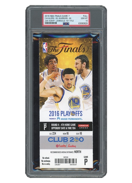 IMMACULATE 2016 NBA FINALS GAME 7 CLEVELAND CAVALIERS VS GOLDEN STATE WARRIORS FULL TICKET - LEBRONS 3RD/CLEVELANDS 1ST TITLE EVER! - PSA GEM MINT 10