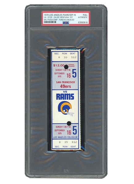 IMPORTANT 1979 LOS ANGELES RAMS VS SAN FRANCISCO 49ERS FULL TICKET - JOE MONTANAS 1ST CAREER PASS COMPLETION! - PSA AUTHENTIC