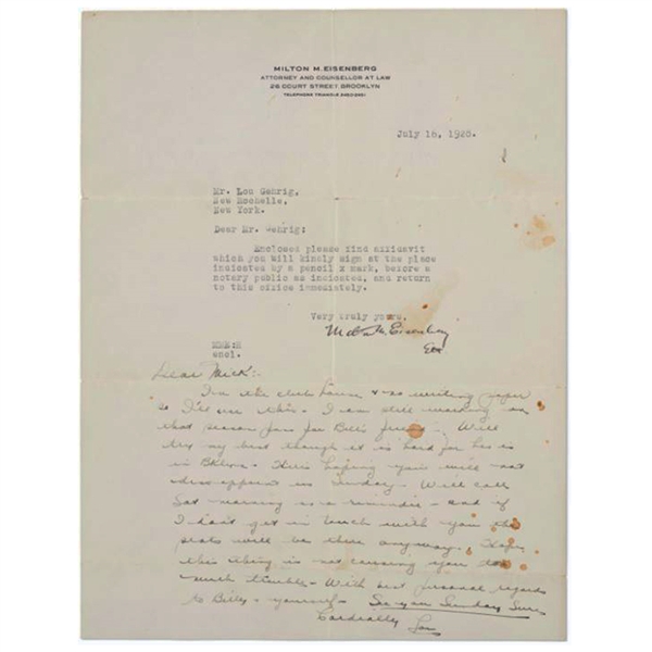 JULY 16, 1928 LOU GEHRIG AUTOGRAPHED LETTER FROM MICKEY EISENBERG (ATTORNEY) - ONE PAGE TYPEWRITTEN LETTER - PSA LOA, BECKETT LOA
