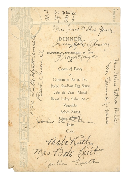1934 JAPAN TOUR DINNER MENU SIGNED BY BABE RUTH, LEFTY GOMEZ, EARL AVERILL AND THEIR WIVES - LETTER OF PROVENANCE FROM JUNE ODEA GOMEZ - JSA LOA