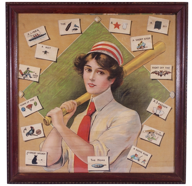 LARGE 23" x 23" TURN OF THE CENTURY WOMENS BASEBALL SILK IN FRAMED DISPLAY