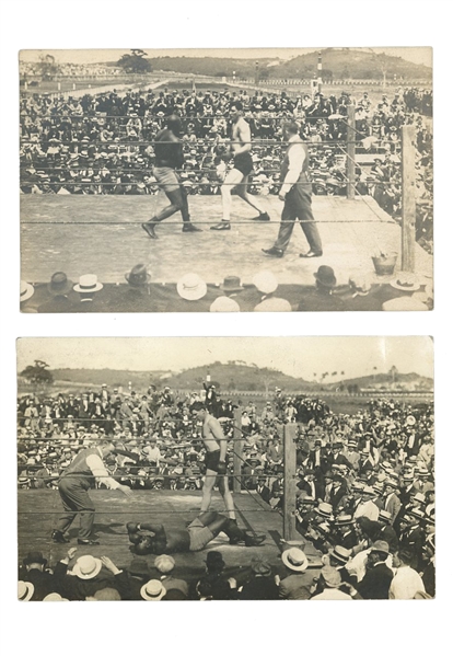 PAIR OF 1915 JACK JOHNSON VS. JESS WILLARD "THROWN FIGHT" CUBAN POSTCARDS