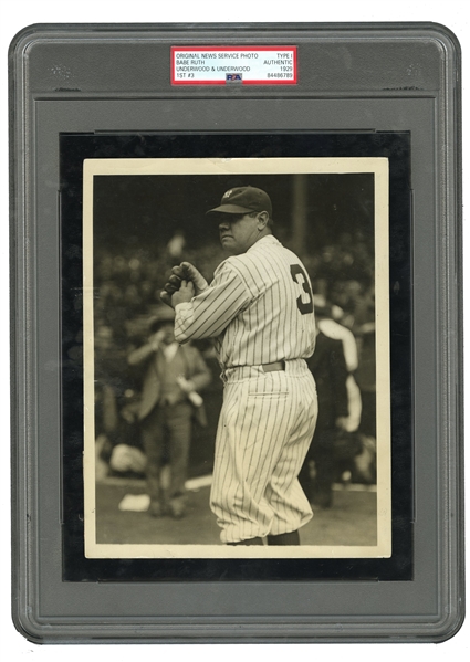 HISTORIC 1929 BABE RUTH " NO. 3 - THE KING OF SWAT GETS A NUMBER" ORIGINAL PHOTOGRAPH - PSA/DNA TYPE 1 - FIRST TIME THE BAMBINO WORE NUMBER 3!