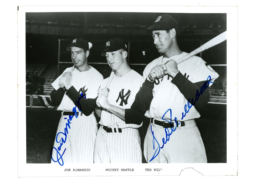 JOE DIMAGGIO & TED WILLIAMS DUAL SIGNED 8" X 10" PHOTOGRAPH - BOLD BLUE MARKER - PSA/DNA LOA (MANTLE ALSO PICTURED BUT HAS NOT SIGNED)
