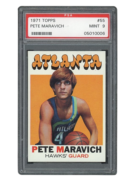 1971 TOPPS #55 PETE MARAVICH - PSA MINT 9 - ONLY (7) GRADED HIGHER - 1ST CARD OF PISTOL PETE WEARING HAWKS ROOKIE UNIFORM
