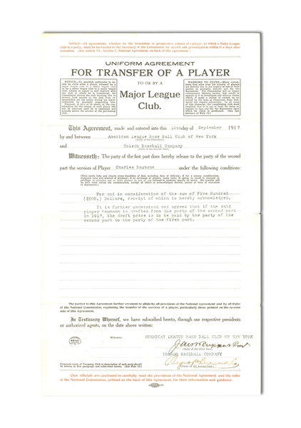 1917 ROGER BRESNAHAN AND JACOB RUPPERT AUTOGRAPHED NEW YORK YANKEES PLAYER TRANSFER - JSA