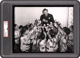 1942 BABE RUTH "SIGNING BALLS FOR EXCITED GROUP OF KIDS" ORIGINAL PHOTOGRAPH - PSA/DNA TYPE 1