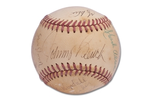 MULTI-SIGNED HALL OF FAMER OAL (BROWN) BASEBALL INLC. JOHNNY BENCH ON THE SWEET SPOT, DIMAGGIO, AARON, & MORE