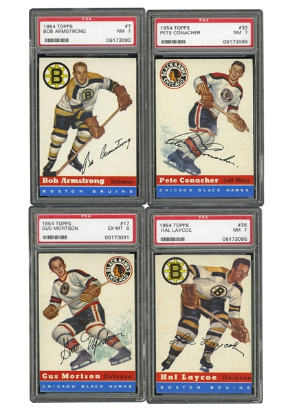 GROUP OF (4) 1954 TOPPS HOCKEY W/ MORTSON PSA EX-MT 6 & CONACHER, ARMSTRONG & LAYCOE ALL GRADED PSA NM 7