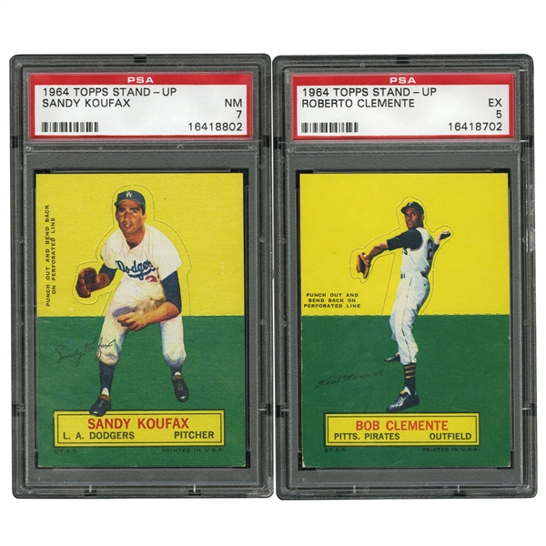 PAIR OF 1964 TOPPS STAND-UPS WITH CLEMENTE PSA EX 5 & KOUFAX PSA NM 7