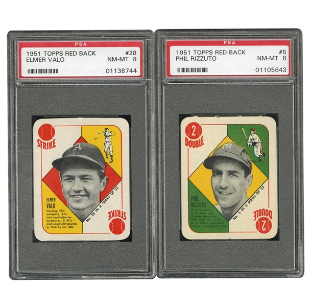 PAIR OF 1951 TOPPS RED BACK W/ ELMER VALO & PHIL RIZZUTO - BOTH PSA NM-MT 8