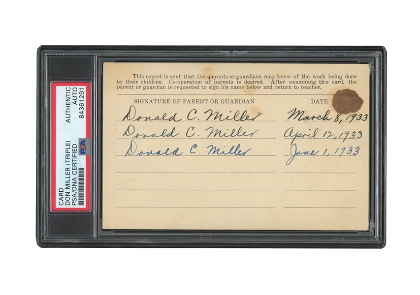 1933 DON MILLER TRIPLE-SIGNED REPORT CARD (FAMILY PROVENANCE) - PSA/DNA