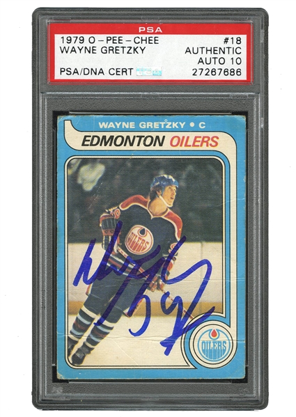 SIGNIFICANT 1979 O-PEE-CHEE #18 WAYNE GRETZKY SIGNED ROOKIE CARD - PSA/DNA 10 AUTOGRAPH GRADE! 