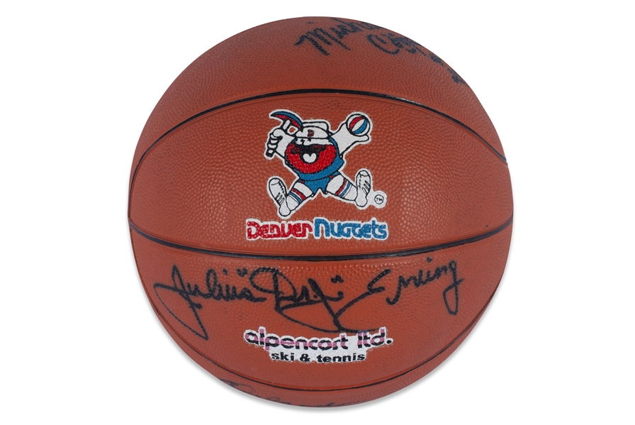 1984 DENVER 1ST NBA ALL-STAR WEEKEND SLAM DUNK CONTEST AUTOGRAPHED MID-SIZE NUGGETS BALL - SIGNED AT THE TIME BY ALL (9) PARTICIPANTS INC. NANCE, "DR. J", DOMINIQUE WILKINS, CLYDE DREXLER & MORE