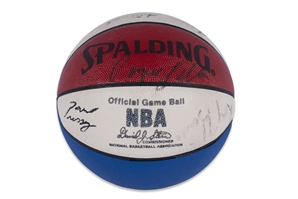 1986 DALLAS NBA ALL-STAR WEEKEND SLAM DUNK CONTEST AUTOGRAPHED SPALDING (STERN) RED, WHITE & BLUE BALL - SIGNED BY (7) INC. DOMINIQUE WILKINS, G. WILKINS, SPUD WEBB, JEROME KERSEY - BECKETT LOA