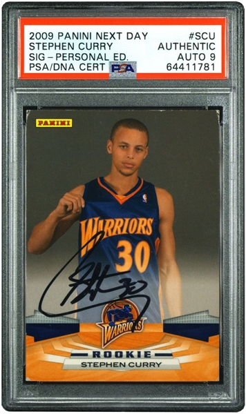 HISTORIC STEPHEN CURRY 2009 PANINI NEXT DAY SIGNATURES SCU PERSONAL EDITION AUTOGRAPHED ROOKIE CARD - 1ST CARD IN WARRIOR UNIFORM - PSA/DNA MINT 9