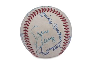 500 HOME RUN CLUB ONL (FEENEY) BASEBALL SIGNED BY (8) WITH MANTLE, MAYS, BANKS, WILLIAMS, ROBINSON, MCCOVEY, MATHEWS & KILLEBREW - PSA/DNA LOA