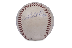 1957 MIAMI MARLINS MULTI-SIGNED SPALDING ILB BASEBALL WITH SATCHEL PAIGE, RED GRANGE & ROCKY MARCIANO - BECKETT LOA