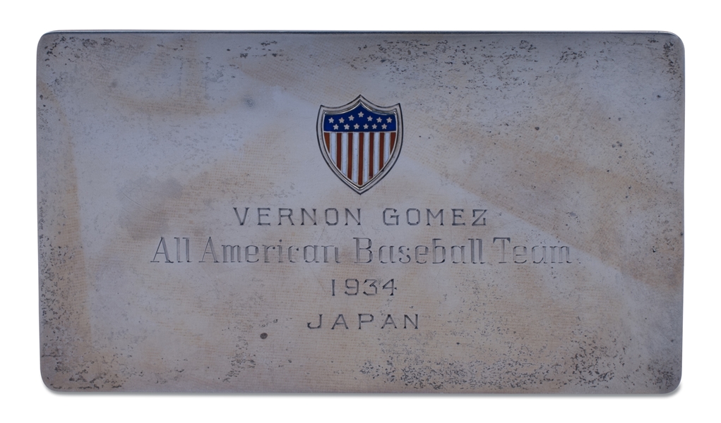 SET OF TWO 1934 JAPAN ALL-AMERICAN BASEBALL TEAM ENGRAVED SILVER DIGNITARY PASSES BELONGING TO LEFTY AND JUNE ODEA GOMEZ