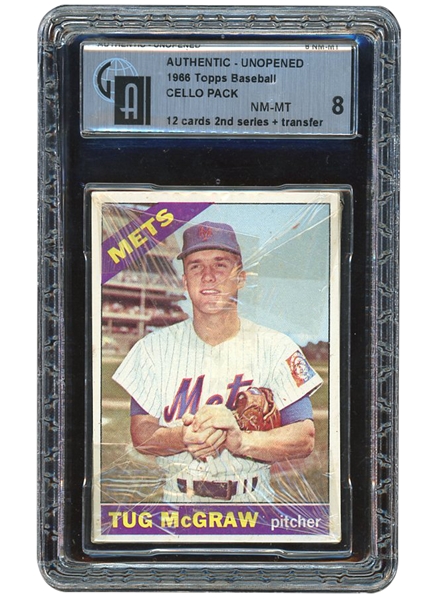 1966 TOPPS BASEBALL UNOPENED CELLO PACK - TUG MCGRAW NEW YORK METS PICTURED AT FRONT - GAI NM-MT 8