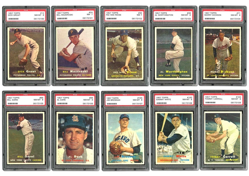 1957 TOPPS BASEBALL NEAR COMPLETE SET (397/407) WITH (39) PSA GRADED INCL. #210 CAMPANELLA PSA NM-MT 8 - MISSING MANTLE, FORD, CLEMENTE