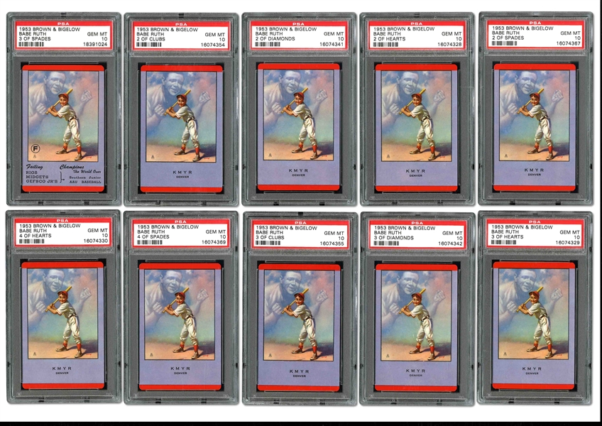 1953 BABE RUTH BROWN & BIGELOW COMPLETE DECK OF (53) PLAYING CARDS - ALL GRADED PSA GEM MINT 10!