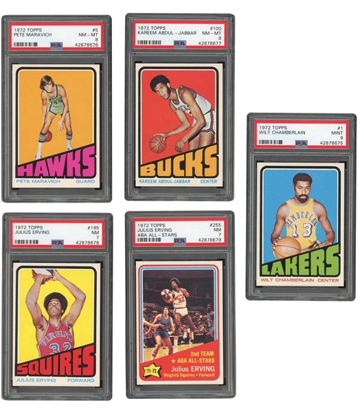 1972 TOPPS BASKETBALL COMPLETE SET OF (264) WITH PSA GRADED WILT CHAMBERLAIN MINT 9 (ONLY (5) GRADED HIGHER!), MARAVICH NM-MT 8, ABDUL-JABBAR NM-MT 8 & BOTH ERVINGS NM 7