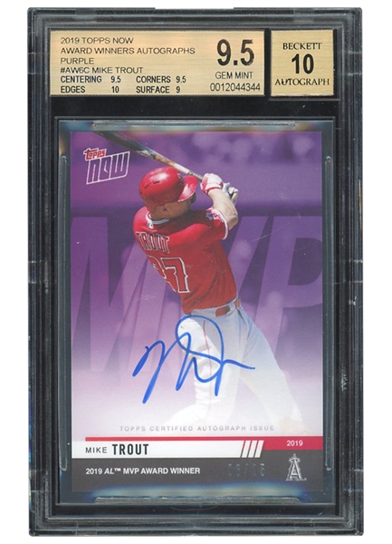 2019 TOPPS NOW AWARD WINNERS AUTOGRAPHS PURPLE #AW6C MIKE TROUT (06/25) - BGS GEM MINT 9.5, 10 AUTO.