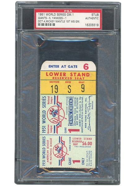 SIGNIFICANT 1951 WORLD SERIES GAME 1 TICKET STUB - WORLD SERIES DEBUT FOR BOTH MICKEY MANTLE AND WILLIE MAYS - PSA AUTHENTIC