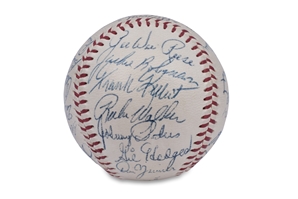 HIGH-GRADE 1955 BROOKLYN DODGERS WORLD CHAMPION TEAM SIGNED ONL (GILES) BASEBALL WITH JACKIE ROBINSON, CAMPANELLA, REESE, ALSTON & MORE - PSA/DNA NM+ 7.5 OVERALL