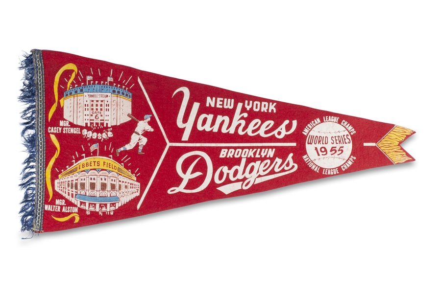 RARE ORIGINAL 1955 NEW YORK YANKEES VS. BROOKLYN DODGERS RED WORLD SERIES PENNANT