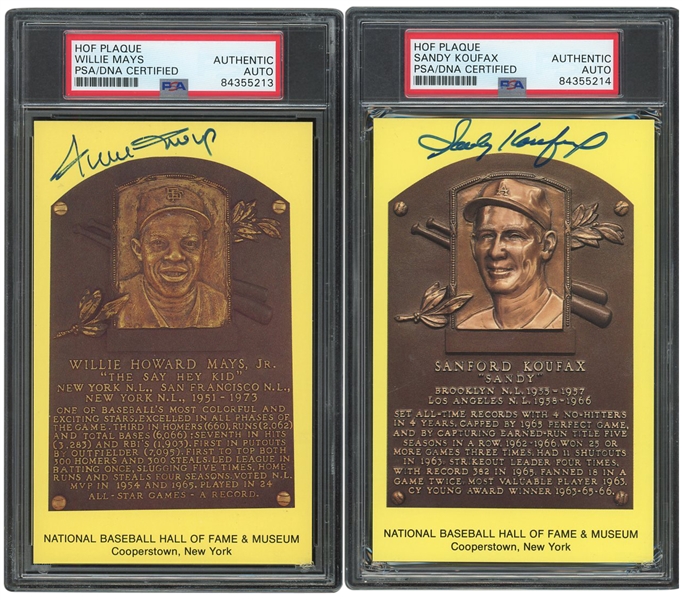 PAIR OF HOF PLAQUE POSTCARDS SIGNED BY SANDY KOUFAX AND WILLIE MAYS - BOTH PSA/DNA AUTHENTIC