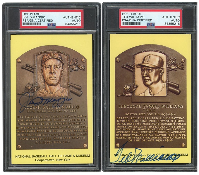 PAIR OF HOF PLAQUE POSTCARDS SIGNED BY JOE DIMAGGIO AND TED WILLIAMS - BOTH PSA/DNA AUTHENTIC