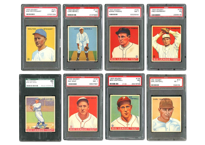 GROUP OF (8) 1933 GOUDEY GRADED CARDS INCL. CANTWELL, FRIEBERG, MARBERRY, KOLP, SEWELL, WHITEHILL & STEWART - PSA NM 7 & JUDGE - SGC 84 NM 7