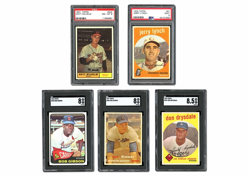 GROUP OF (5) 1957-1965 GRADED TOPPS CARDS INCL. 1957 ZIMMER SGC NM-MT 8, 1959 LYNCH PSA MINT 9, 1959 DRYSDALE SGC NM-MT+ 8.5, 1961 WILHELM PSA NM-MT 8, AND1965 GIBSON SGC NM-MT 8