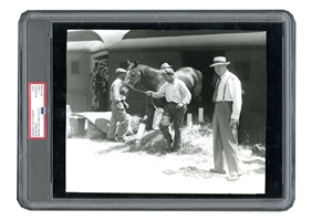 C. 1940S TRIPLE CROWN WINNER WHIRLAWAY ORIGINAL PHOTO AT ARLINGTON PARK WITH TRAINER BEN JONES - PSA/DNA TYPE I