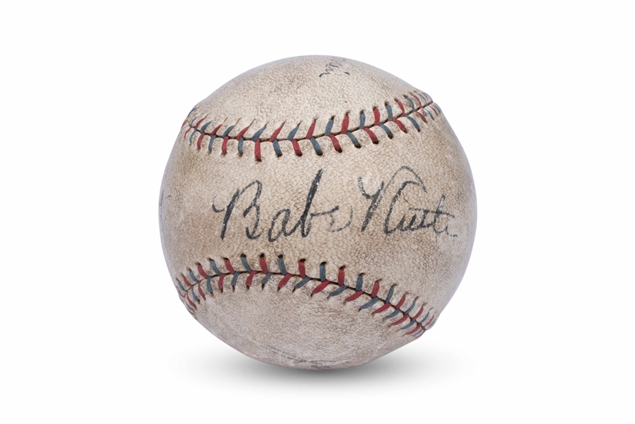 C. 1930 BABE RUTH, LOU GEHRIG AND BOXING ICON JACK DEMPSEY MULTI-SIGNED OAL (BARNARD) BASEBALL WITH BOLD RUTH ON SWEET SPOT - PSA/DNA LOA
