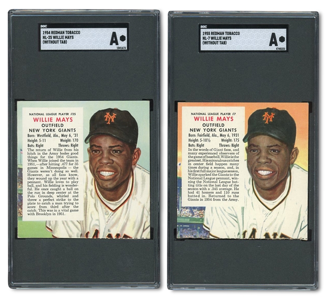 1954 REDMAN TOBACCO NL-25 AND 1955 NL-7 WILLIE MAYS CARDS (WITHOUT TABS) - BOTH SGC AUTHENTIC