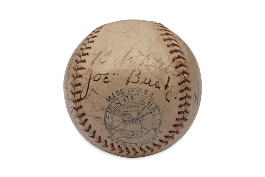 C. 1926-27 OAL (JOHNSON) BASEBALL SIGNED BY BABE RUTH, WALTER JOHNSON, SISLER (SS), HORNSBY, AND 2 OTHER HALL OF FAMERS - BECKETT LOA