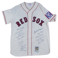 ALL-CENTURY BASEBALL TEAM MEMBERS SIGNED MITCHELL & NESS RED SOX TED WILLIAMS #9 JERSEY - (20) BOLD AUTOGRAPHS - INC. TED WILLIAMS, MAYS, AARON, ROSE, BENCH, RYAN - JSA LOA - BECKETT LOA