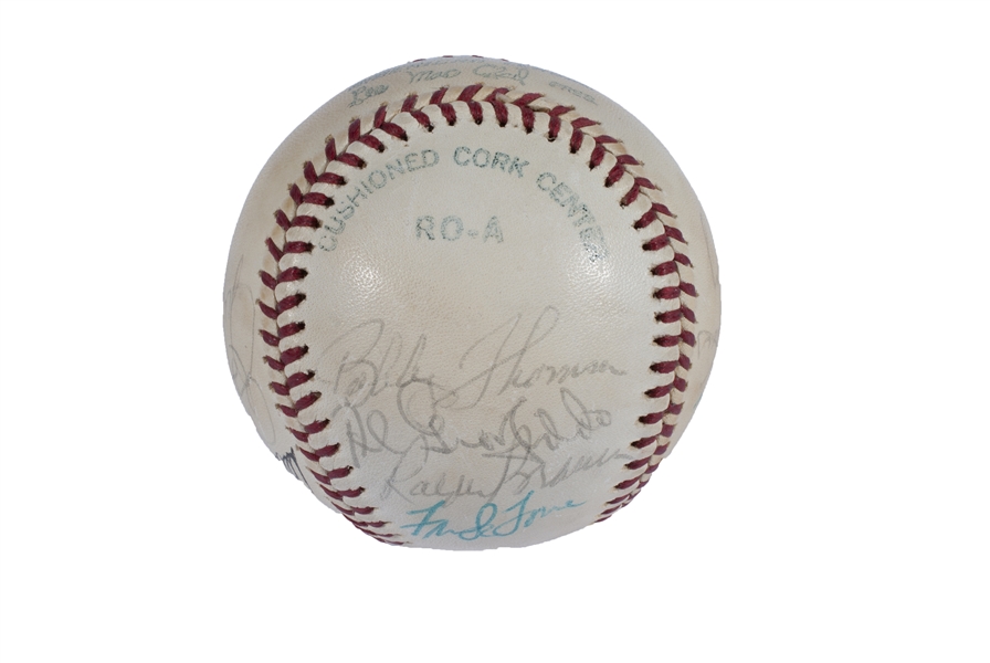 1950S N.L. LEGENDS MULTI-SIGNED OAL (MACPHAIL) BASEBALL WITH SHOT HEARD ROUND THE WORLD NOTABLES BOBBY THOMSON & RALPH BRANCA PLUS 11 OTHERS INCL. ED MATHEWS - BECKETT LOA