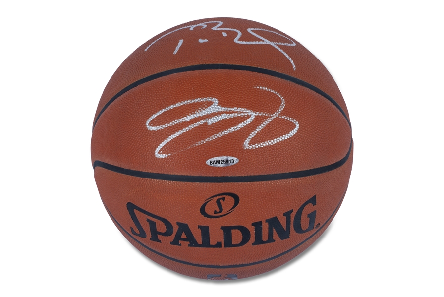 LEBRON JAMES AND TOM BRADY DUAL-SIGNED SPALDING OFFICIAL NBA BASKETBALL - FANATICS AUTH, UPPER DECK CERTIFICATION